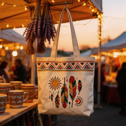 Boho Inspired | Cotton Canvas | Festival & Market Style | Great Gift for Free Spirits | Tribal Feather Artwork