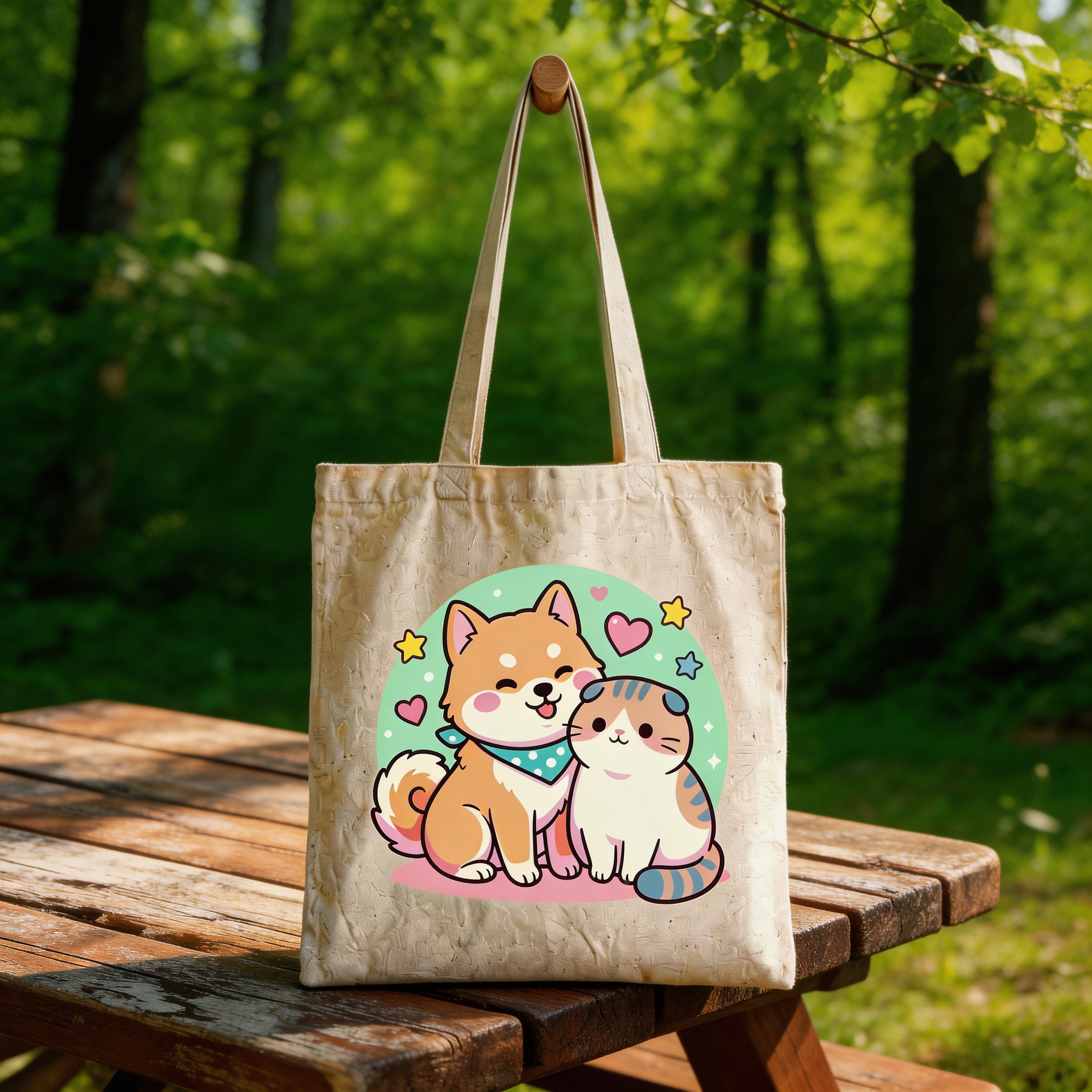 Cute Companion | Cotton Canvas | Casual Daily Style | Sweet Gift for Pet Lovers | Adorable Cat & Dog Art