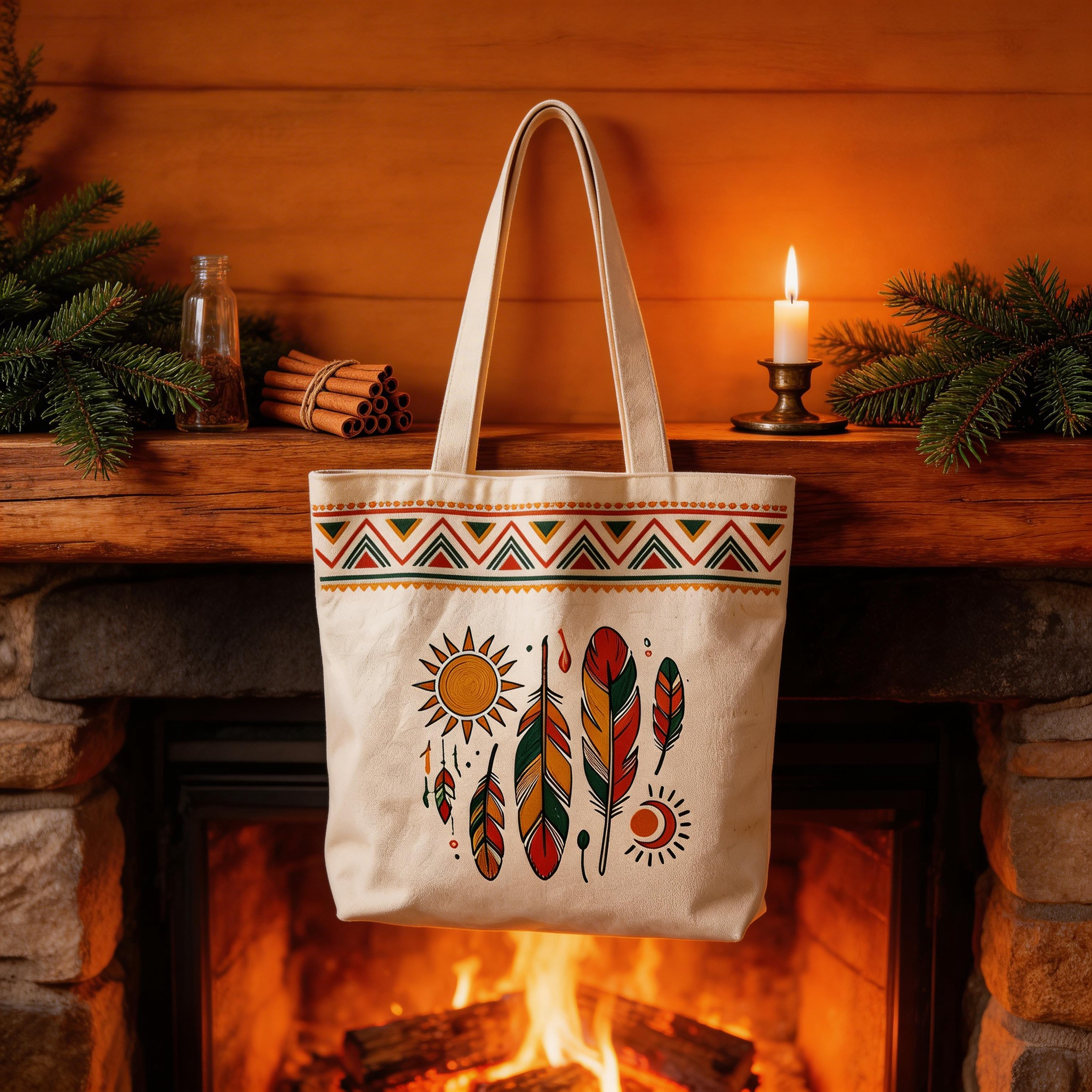 Boho Inspired | Cotton Canvas | Festival & Market Style | Great Gift for Free Spirits | Tribal Feather Artwork