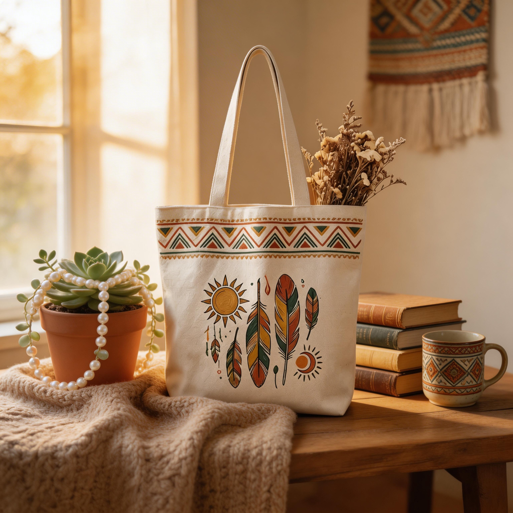 Boho Inspired | Cotton Canvas | Festival & Market Style | Great Gift for Free Spirits | Tribal Feather Artwork