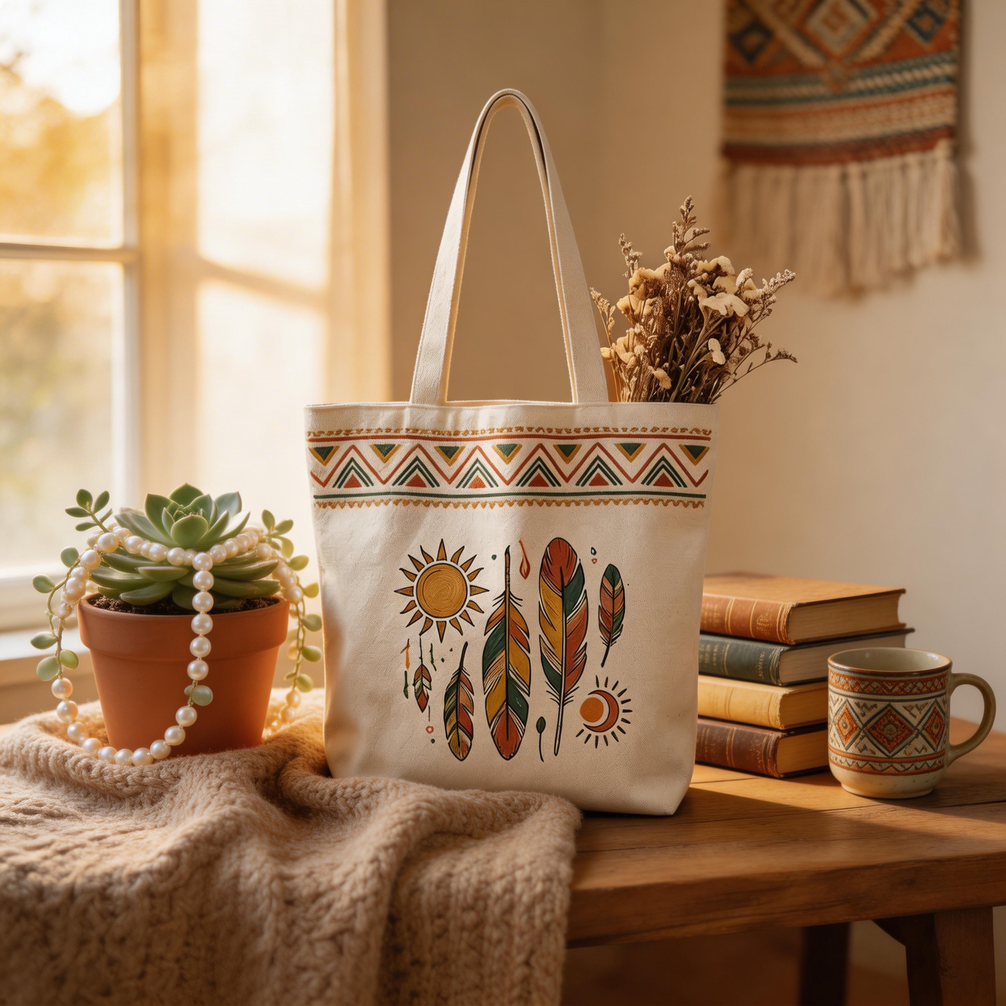 Boho Inspired | Cotton Canvas | Festival & Market Style | Great Gift for Free Spirits | Tribal Feather Artwork