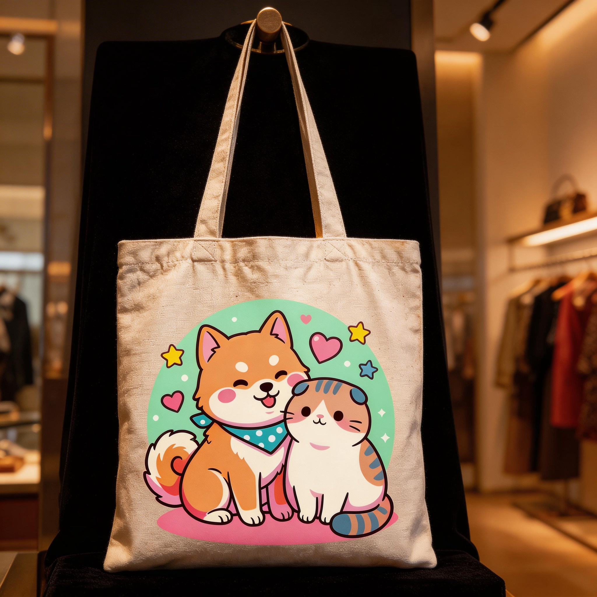 Cute Companion | Cotton Canvas | Casual Daily Style | Sweet Gift for Pet Lovers | Adorable Cat & Dog Art