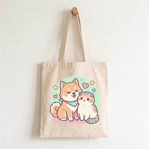 Cute Companion | Cotton Canvas | Casual Daily Style | Sweet Gift for Pet Lovers | Adorable Cat & Dog Art