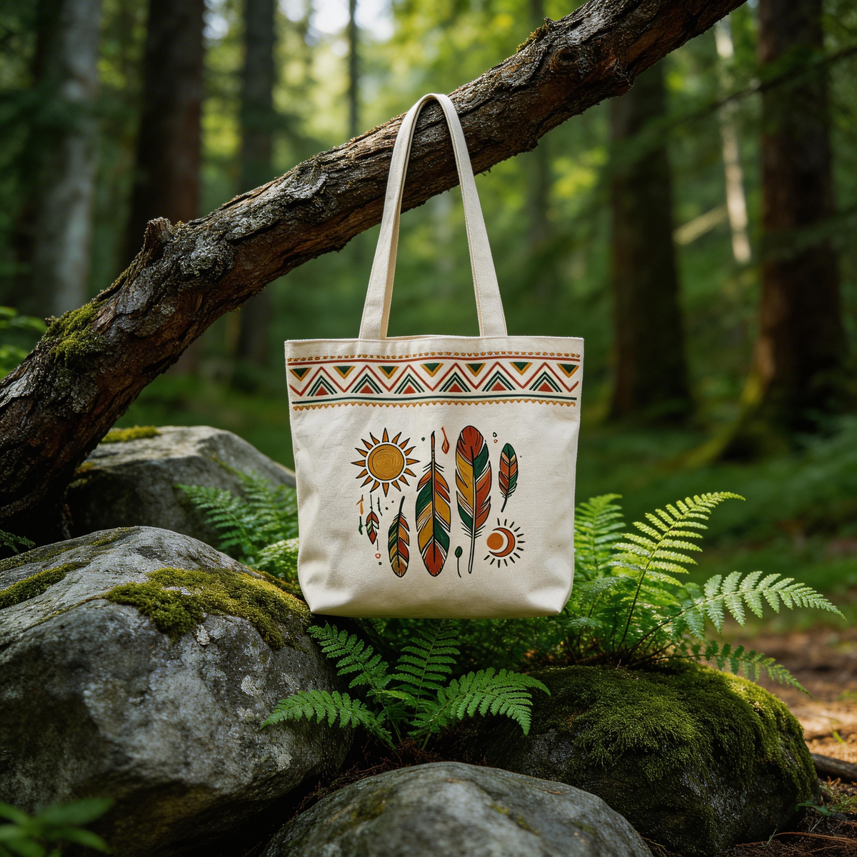 Boho Inspired | Cotton Canvas | Festival & Market Style | Great Gift for Free Spirits | Tribal Feather Artwork
