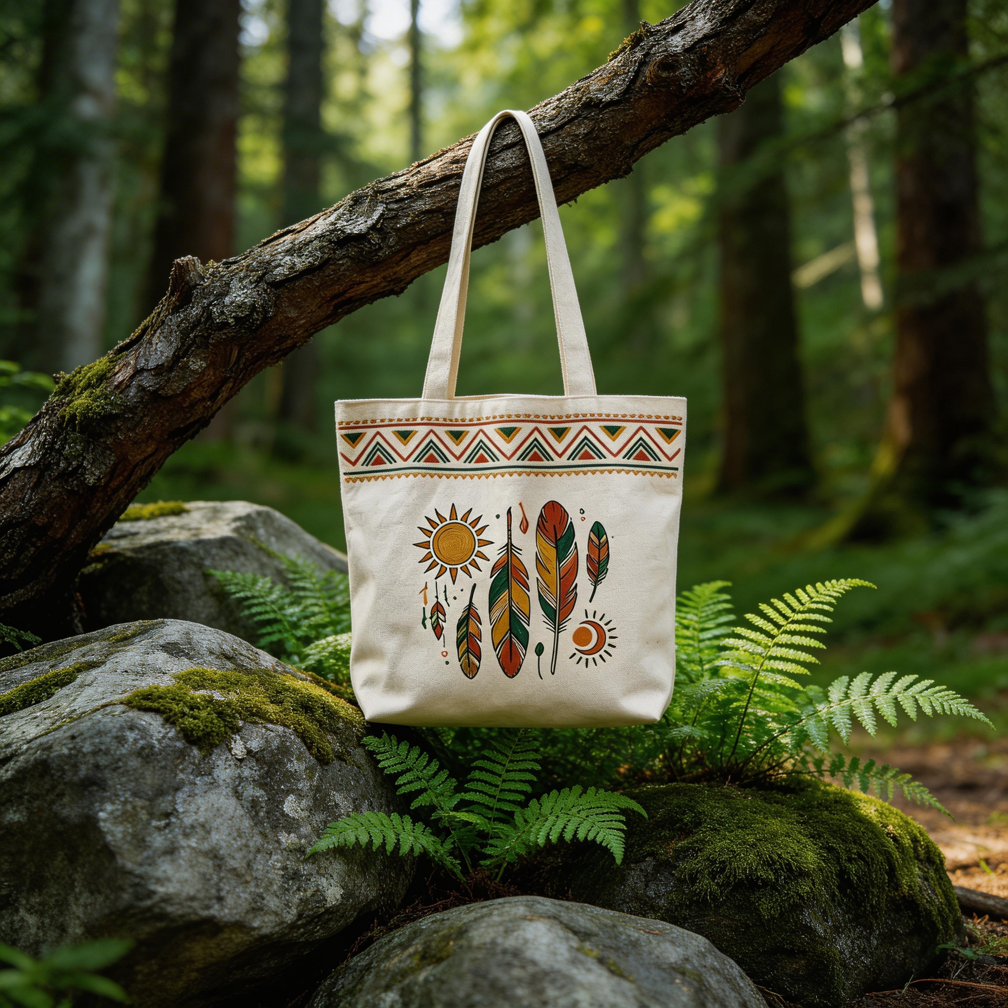 Boho Inspired | Cotton Canvas | Festival & Market Style | Great Gift for Free Spirits | Tribal Feather Artwork