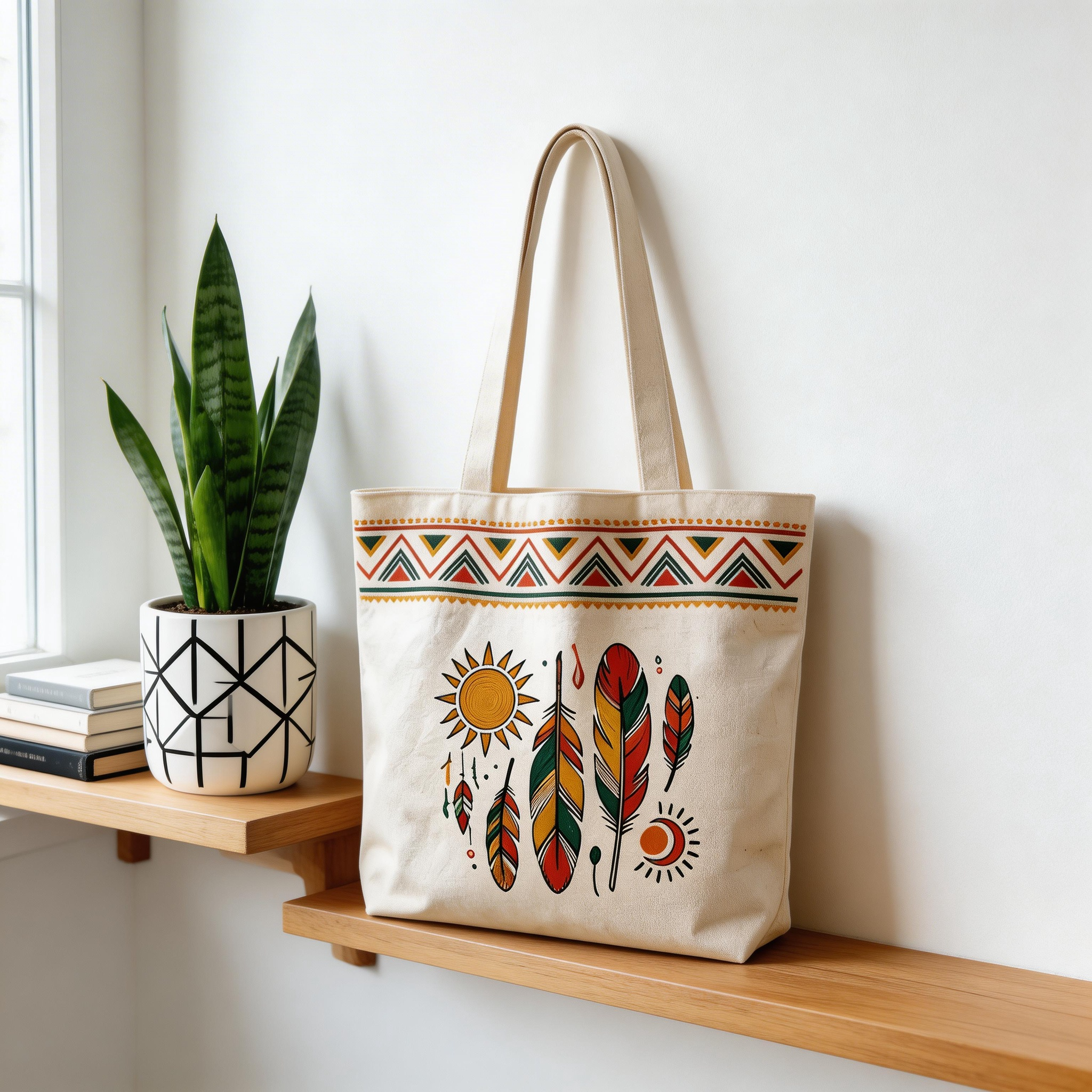 Boho Inspired | Cotton Canvas | Festival & Market Style | Great Gift for Free Spirits | Tribal Feather Artwork