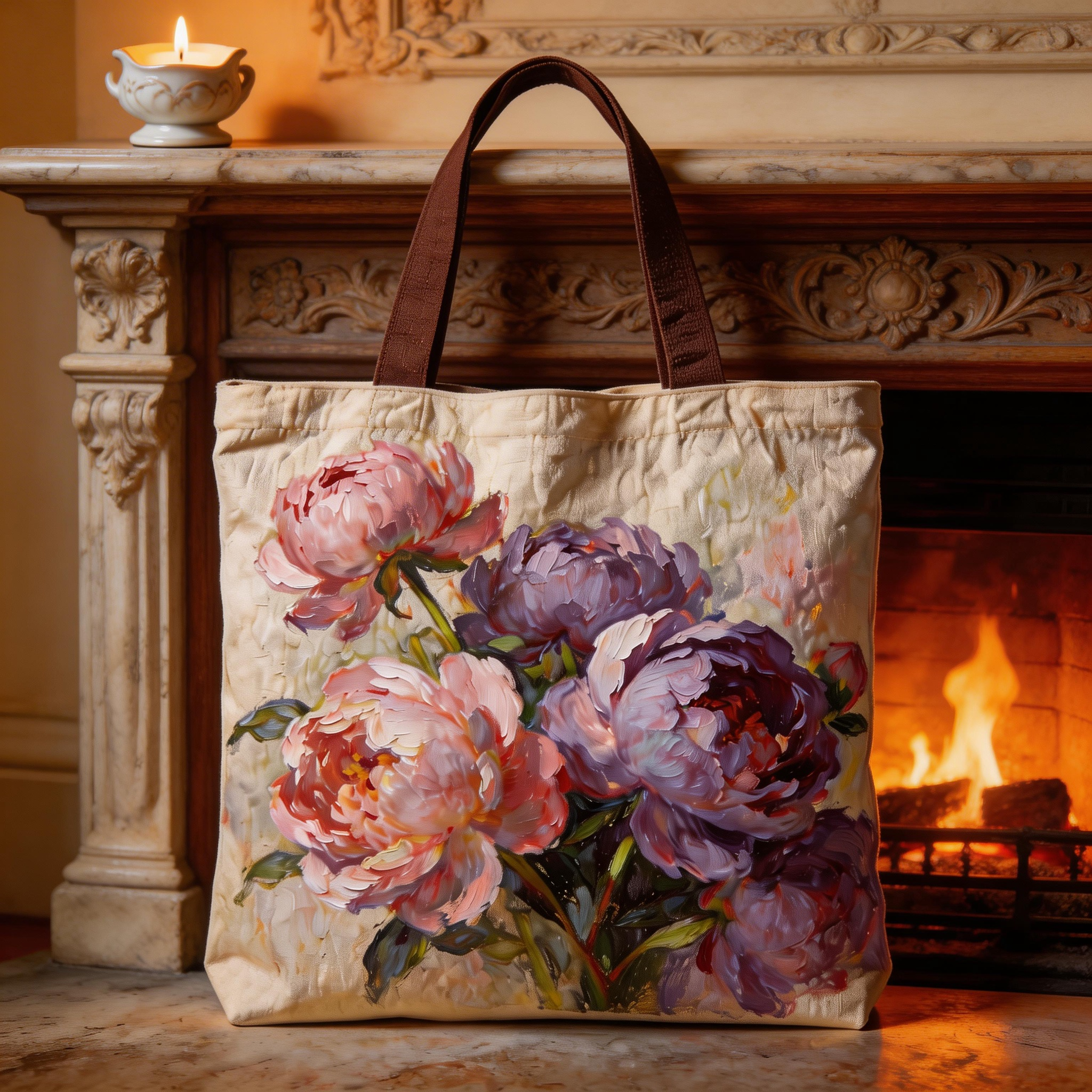 Elegant Style | Premium Canvas | Daily Shopping & Café Trips | Lovely Gift for Her | Artistic Peony Painting