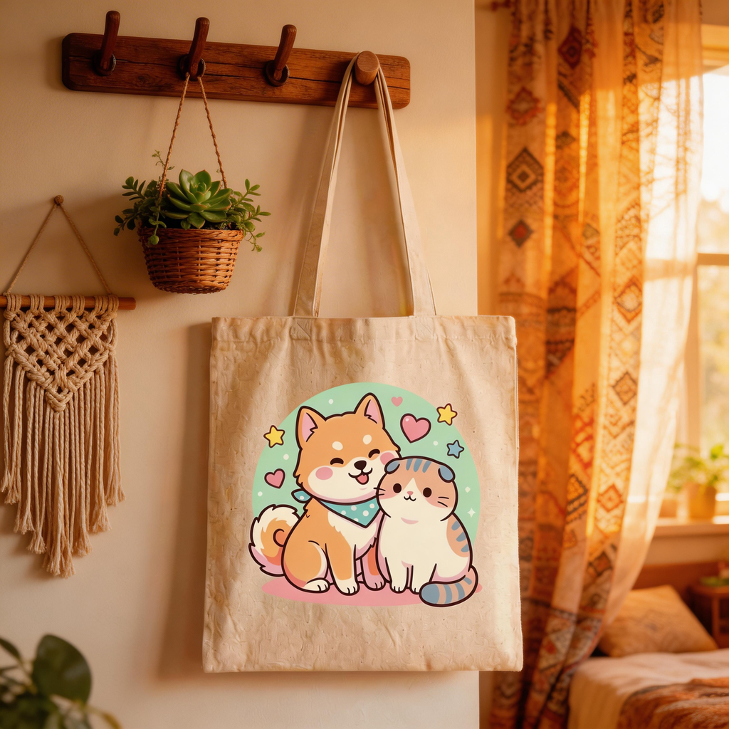 Cute Companion | Cotton Canvas | Casual Daily Style | Sweet Gift for Pet Lovers | Adorable Cat & Dog Art