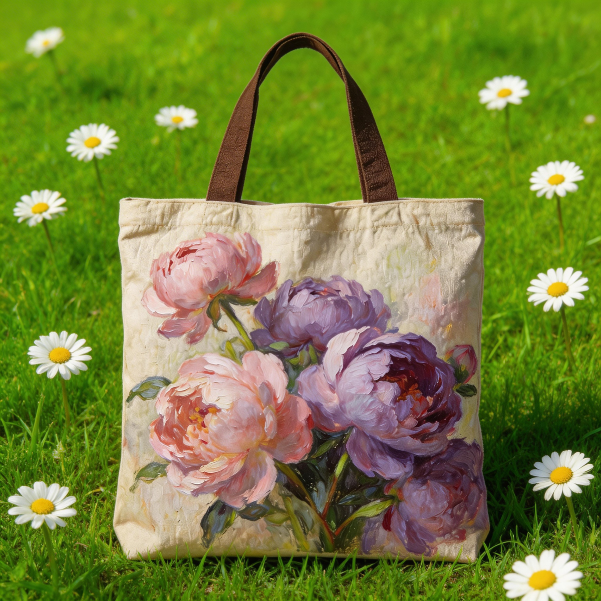 Elegant Style | Premium Canvas | Daily Shopping & Café Trips | Lovely Gift for Her | Artistic Peony Painting