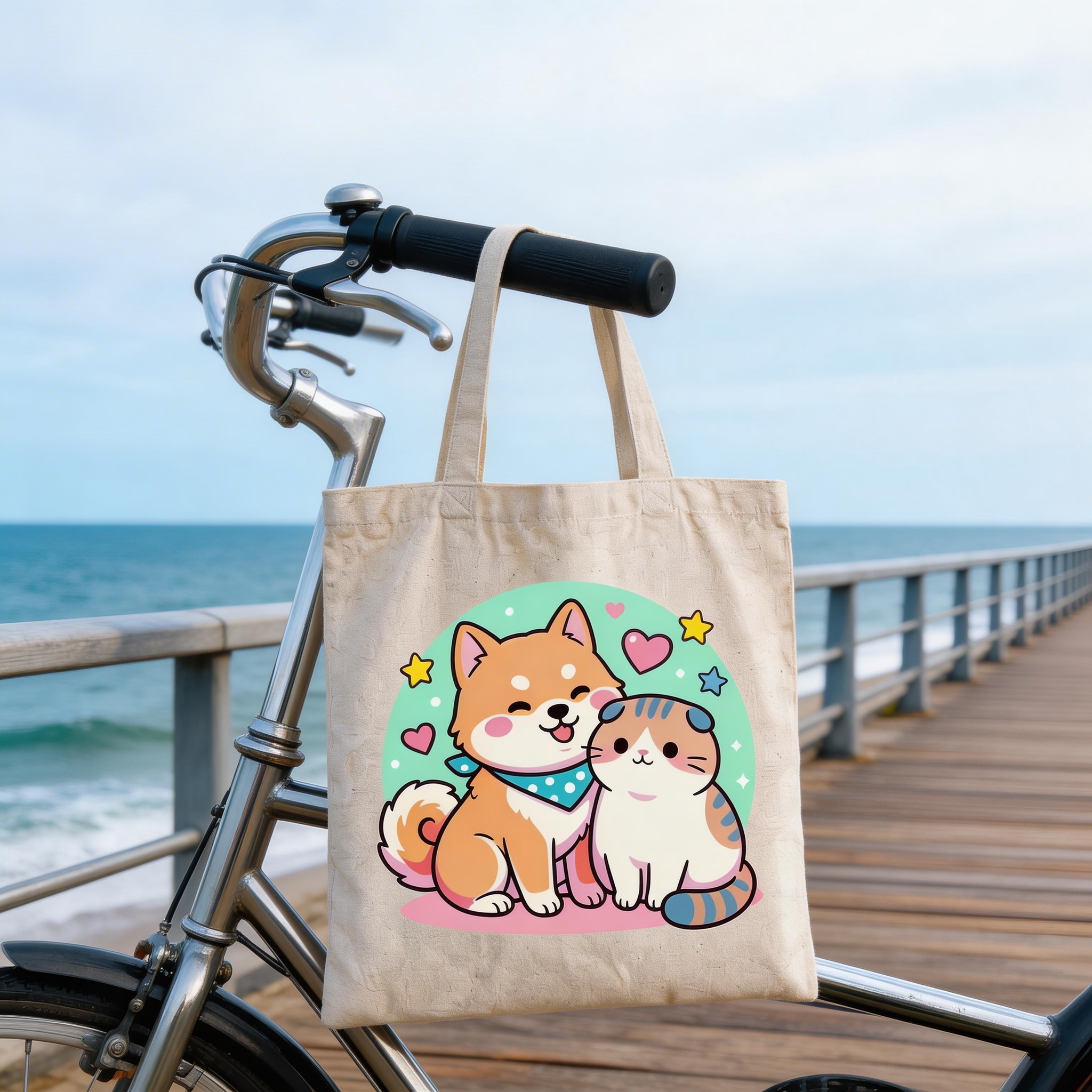 Cute Companion | Cotton Canvas | Casual Daily Style | Sweet Gift for Pet Lovers | Adorable Cat & Dog Art