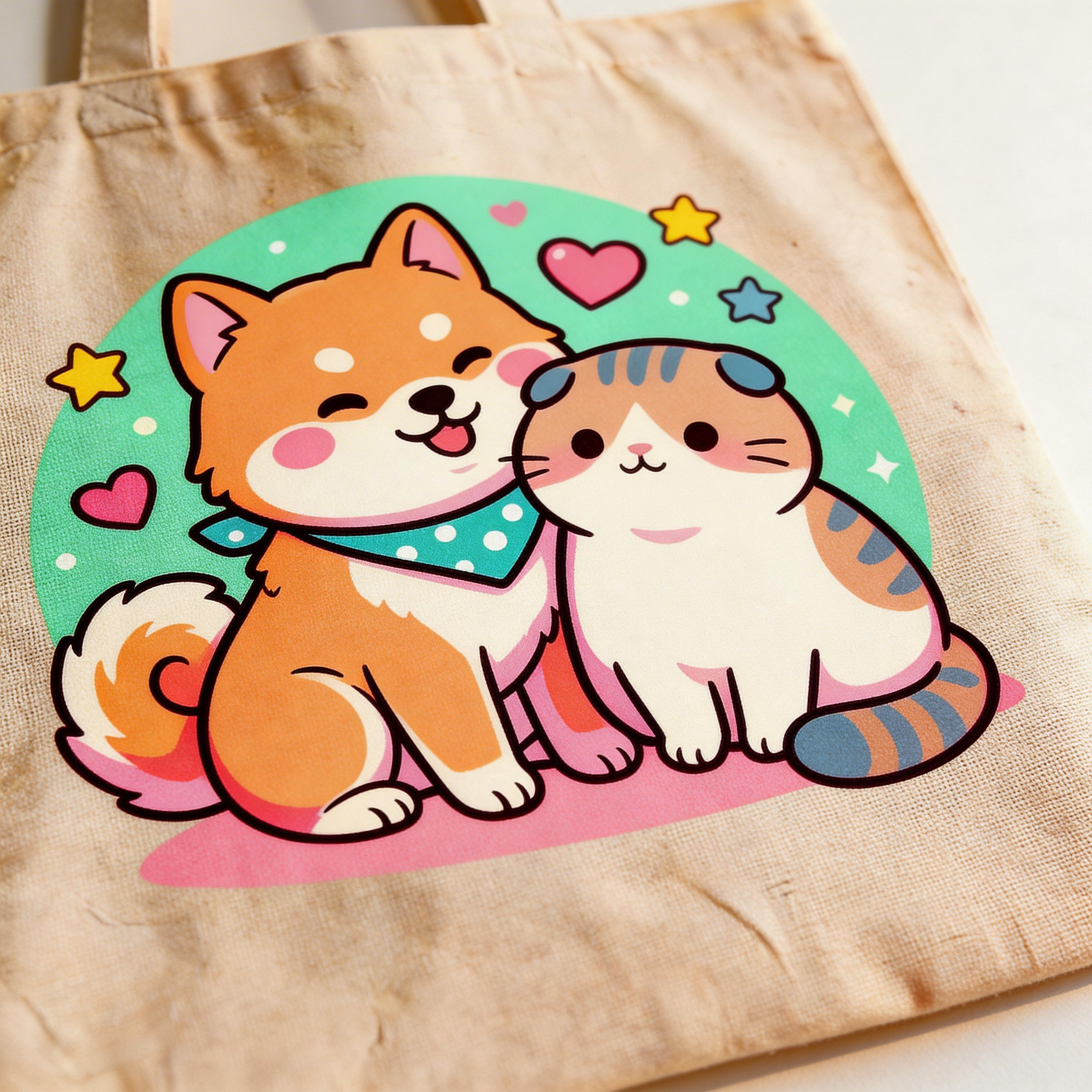 Cute Companion | Cotton Canvas | Casual Daily Style | Sweet Gift for Pet Lovers | Adorable Cat & Dog Art