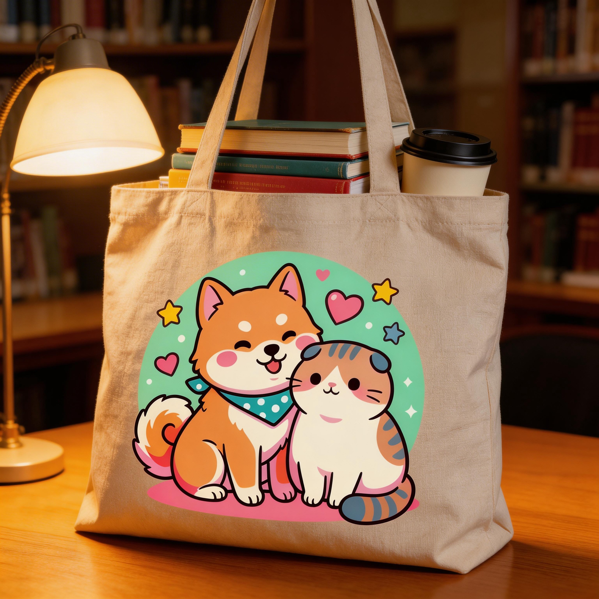 Cute Companion | Cotton Canvas | Casual Daily Style | Sweet Gift for Pet Lovers | Adorable Cat & Dog Art