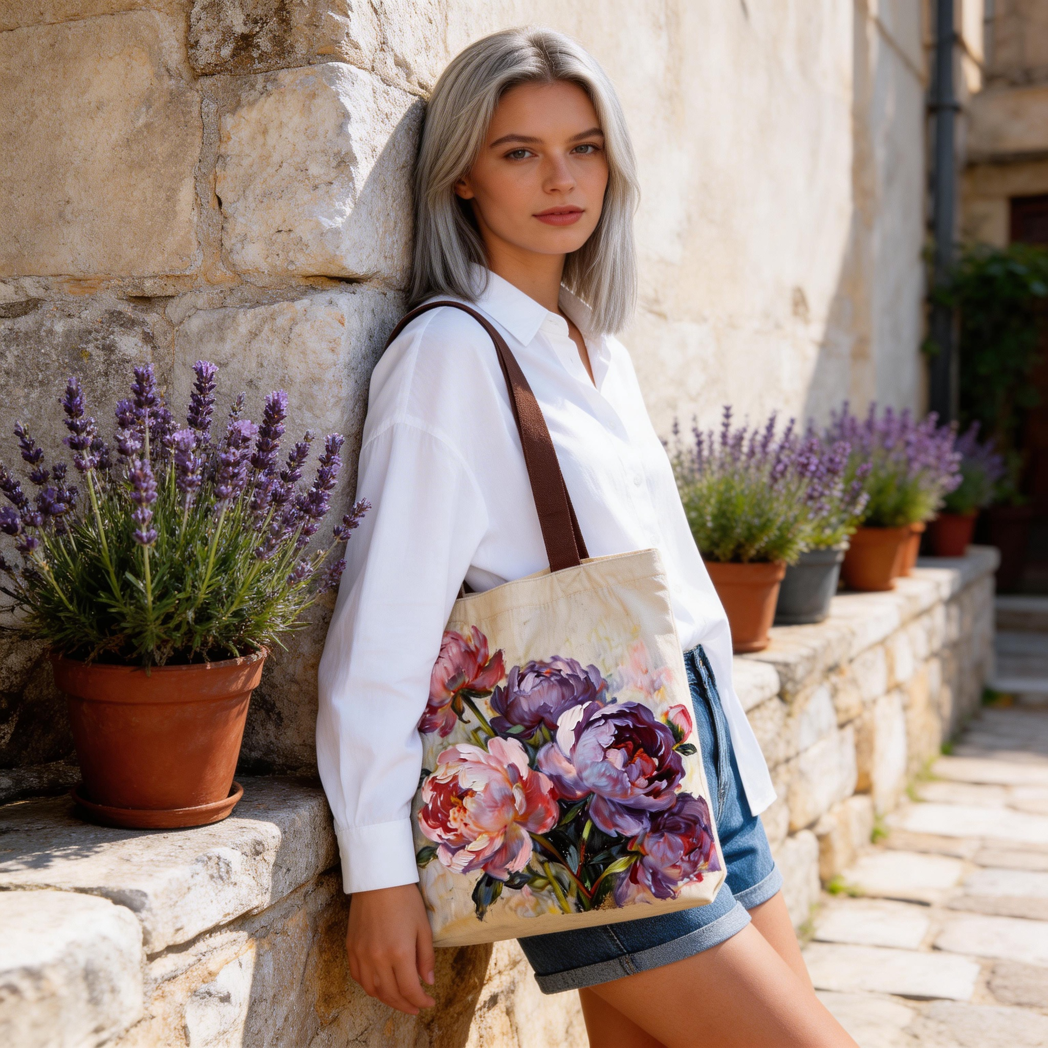 Elegant Style | Premium Canvas | Daily Shopping & Café Trips | Lovely Gift for Her | Artistic Peony Painting